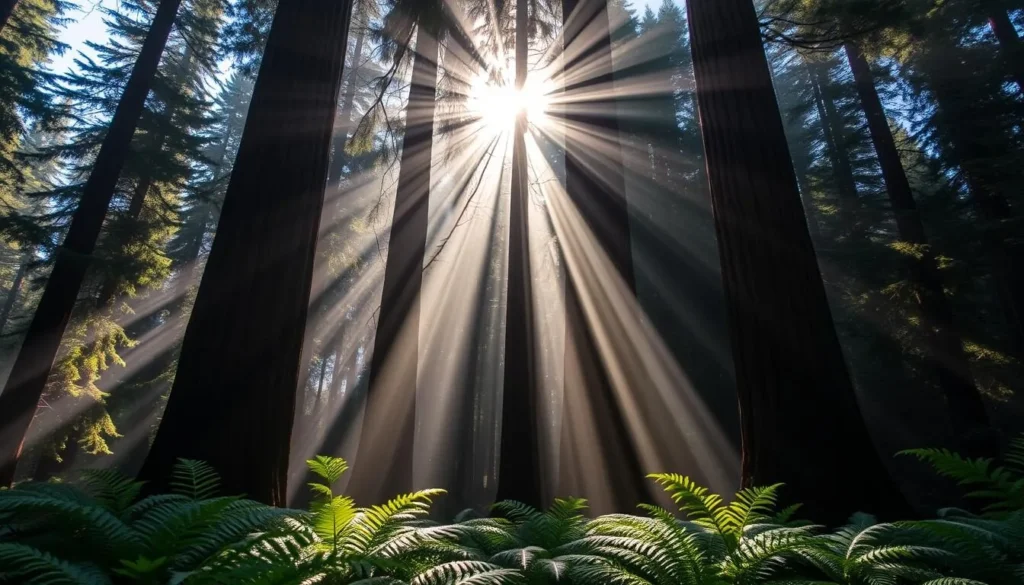 Sunbeams streaming through redwood trees creating magical light in the forest Sunbeams streaming through redwood trees creating magical light in the forest
