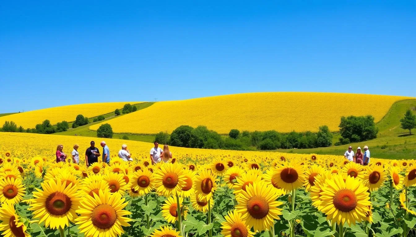 Sunflower-fields-in-bloom-at-Jim-Edgar-Panther-Creek-State-Park-during-late-July-with-visitors- Sunflower fields in bloom at Jim Edgar Panther Creek State Park during late July with visitors enjoying the scenery