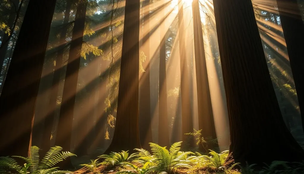 Sunlight filtering through redwood canopy creating magical light rays in Humboldt Redwoods State Park Sunlight filtering through redwood canopy creating magical light rays in Humboldt Redwoods State Park