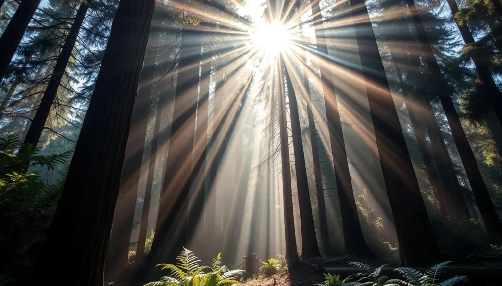 Sunlight filtering through redwood canopy in Butano State Park creating magical light rays