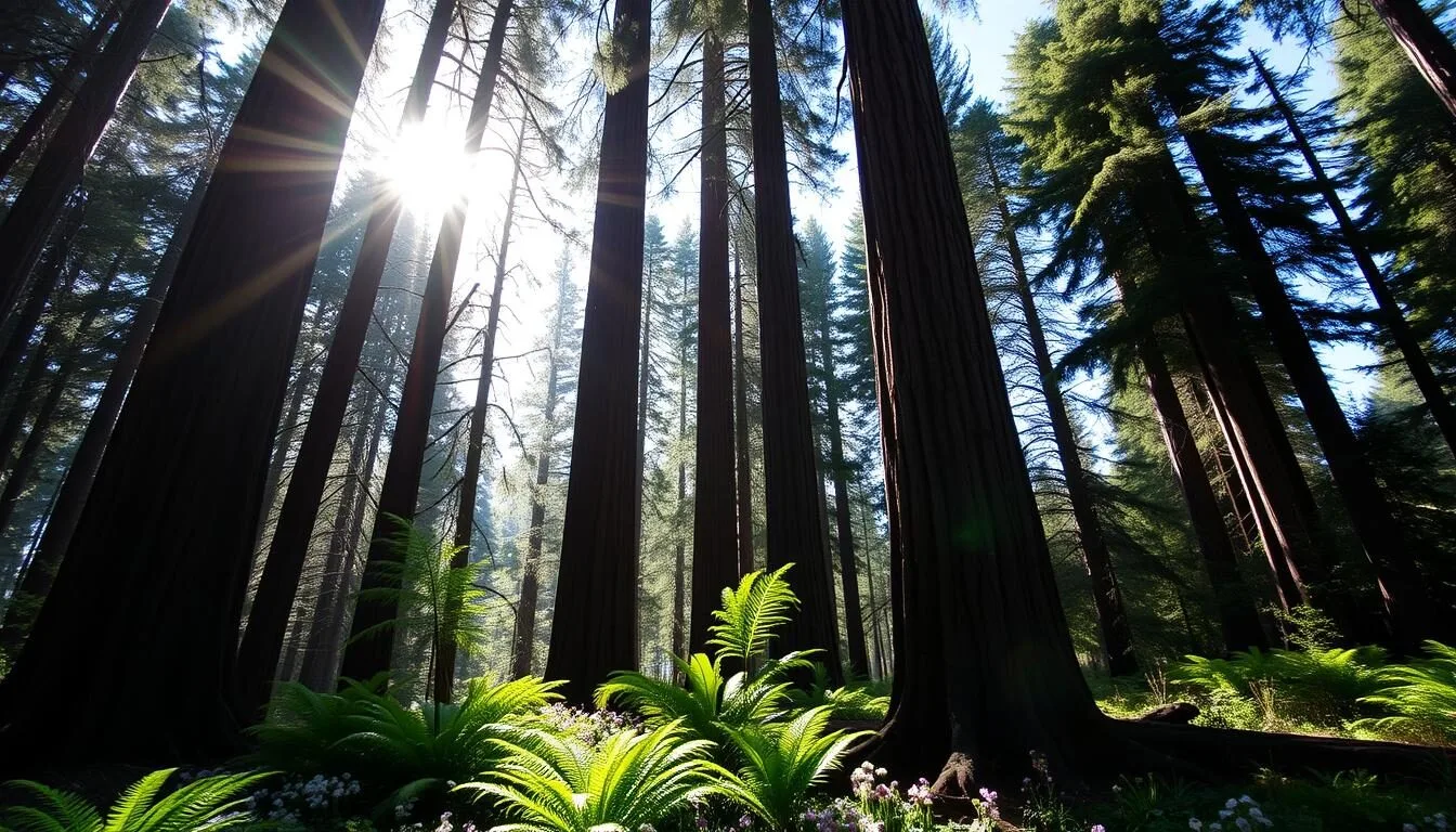 Sunlight-filtering-through-redwood-trees-at-John-B.-Dewitt-Redwoods-State-Natural-Reserve Sunlight filtering through redwood trees at John B. Dewitt Redwoods State Natural Reserve during spring season