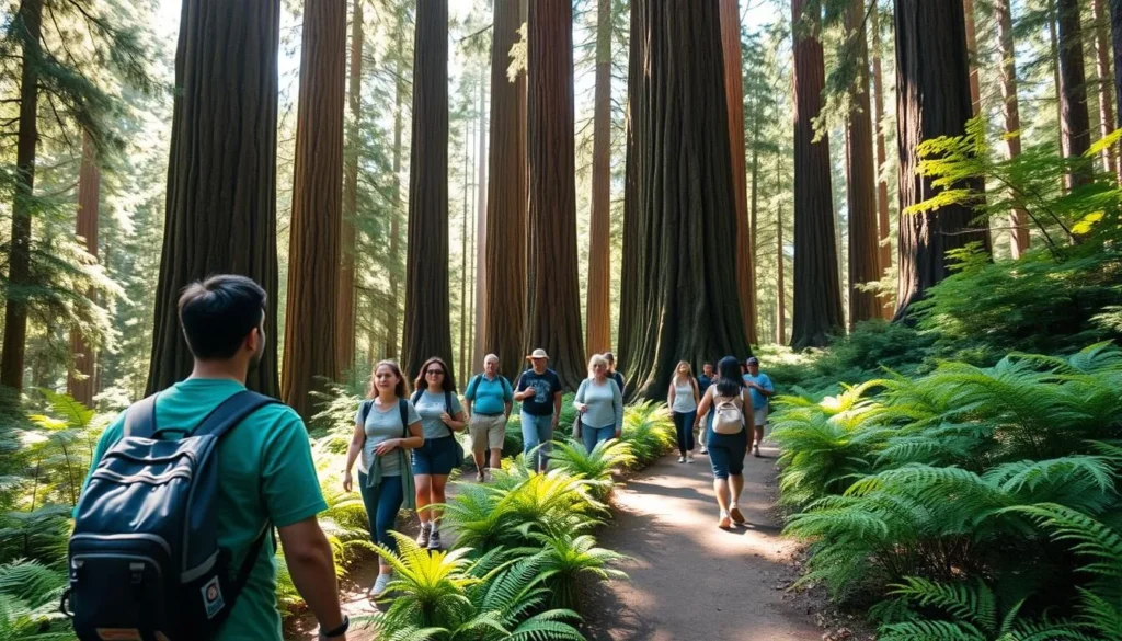 Sunlight filtering through redwood trees in Humboldt Redwoods State Park during summer with hikers on a trail Sunlight filtering through redwood trees in Humboldt Redwoods State Park during summer with hikers on a trail