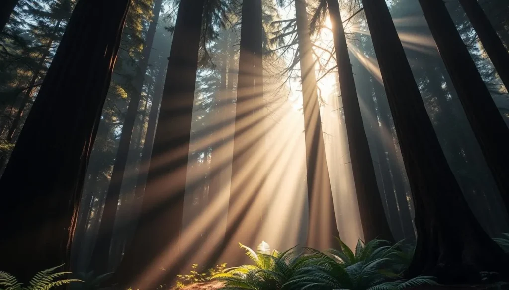 Sunlight streaming through redwood canopy creating dramatic light beams in Montgomery Woods State Natural Reserve California Sunlight streaming through redwood canopy creating dramatic light beams in Montgomery Woods State Natural Reserve California