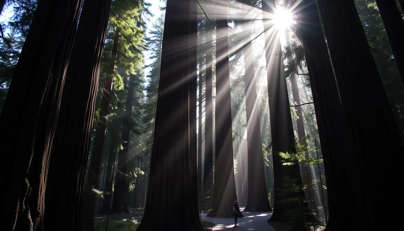 Sunlight-streaming-through-tall-redwood-trees-along-a-forest-path-in-Jedediah-Smith-Redwoods Sunlight streaming through tall redwood trees along a forest path in Jedediah Smith Redwoods State Park