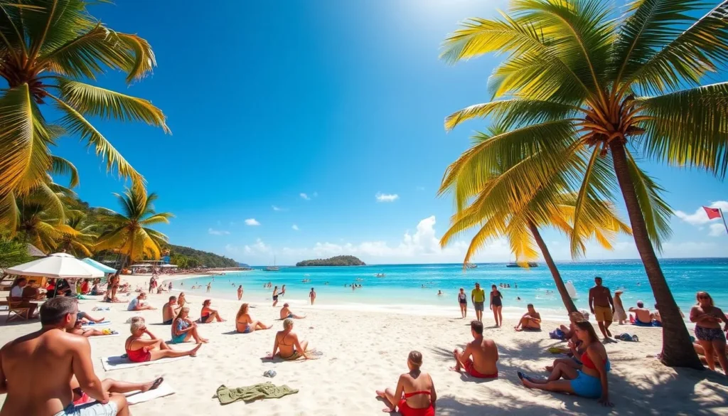 Sunny beach day in Gros Islet with palm trees and clear blue skies
