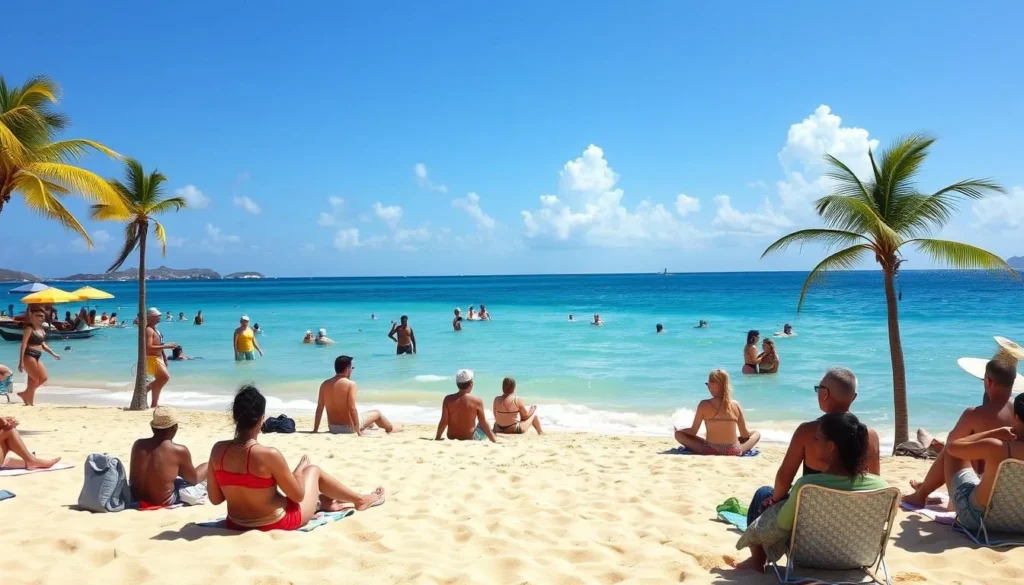 Sunny beach day in Lowlands with tourists enjoying perfect weather conditions Sunny beach day in Lowlands with tourists enjoying perfect weather conditions