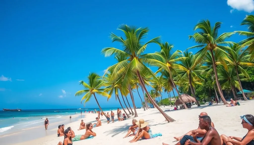 Sunny beach day in Micoud, St. Lucia with palm trees and clear blue skies