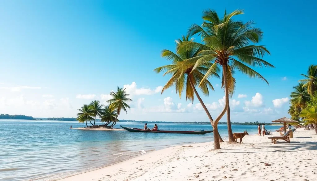Sunny beach on Leguan Island during dry season with palm trees