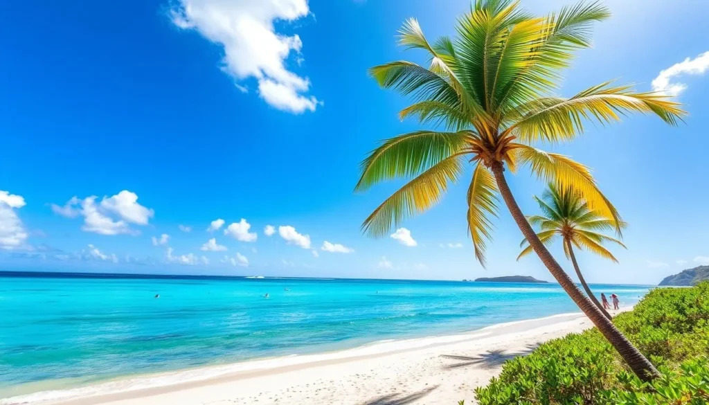 Sunny beach on Terre-de-Bas Island with palm trees and clear blue skies during the dry season