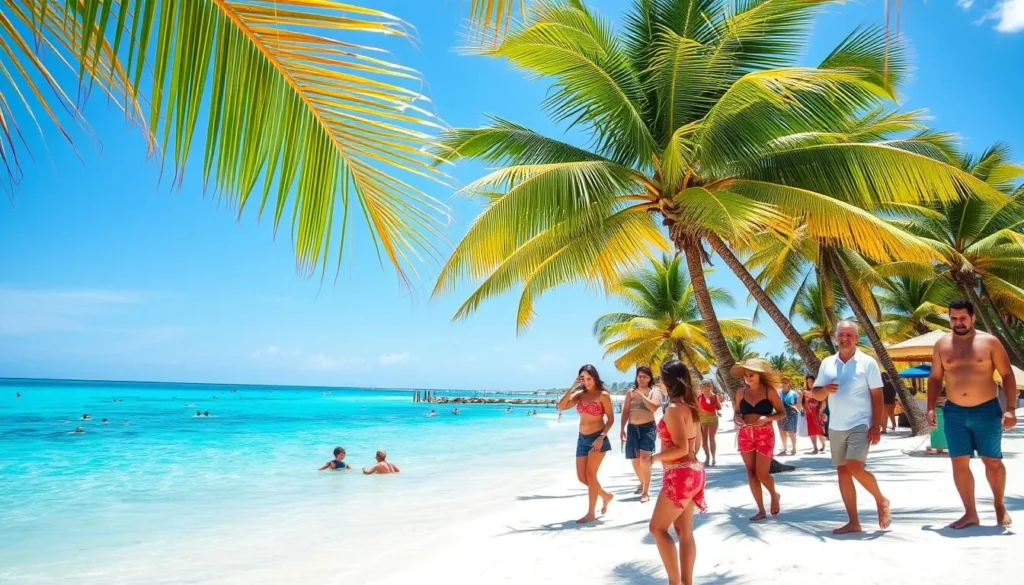 Sunny beach scene at Playa Norte on Isla Mujeres showing perfect weather conditions with palm trees and turquoise water Sunny beach scene at Playa Norte on Isla Mujeres showing perfect weather conditions with palm trees and turquoise water