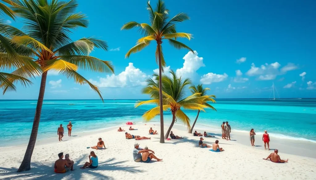 Sunny beach scene in Les Cayes during dry season with palm trees and clear blue sky