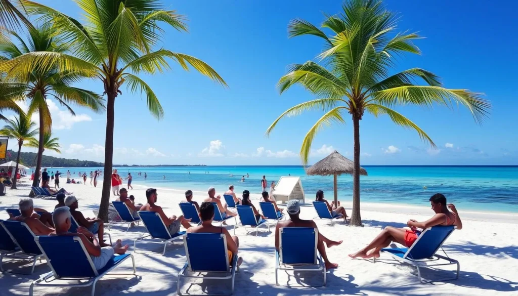Sunny beach scene in Les Trois-Ilets during the dry season with tourists enjoying perfect weather