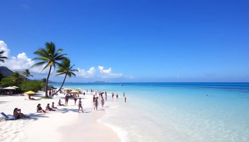 Sunny day at Anse de Sables beach with perfect weather conditions for water activities