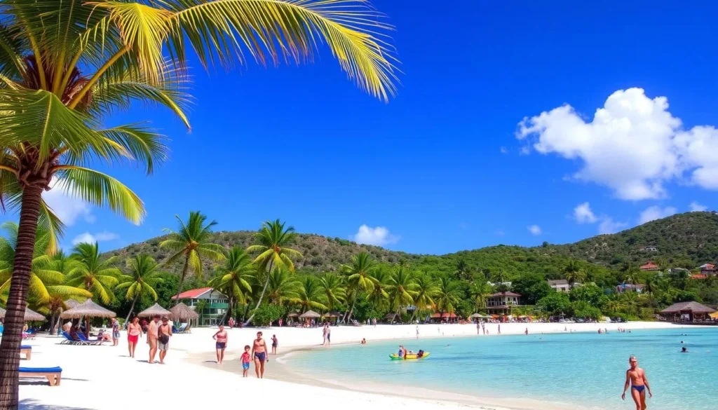 Sunny day at Great Bay Beach in Philipsburg with palm trees and clear blue waters Sunny day at Great Bay Beach in Philipsburg with palm trees and clear blue waters
