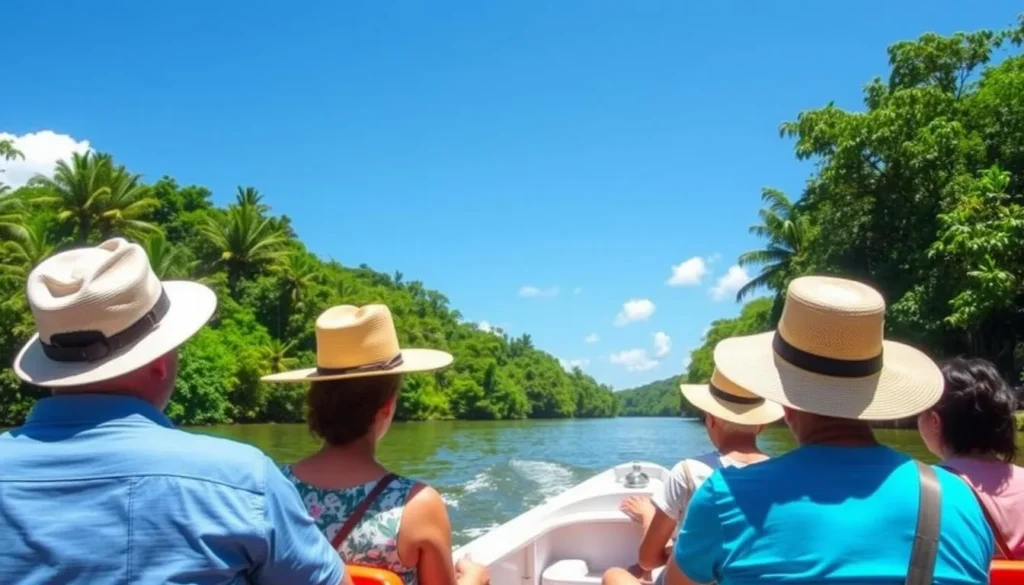 Sunny day at Iwokrama with tourists on a boat tour of the Essequibo River Sunny day at Iwokrama with tourists on a boat tour of the Essequibo River