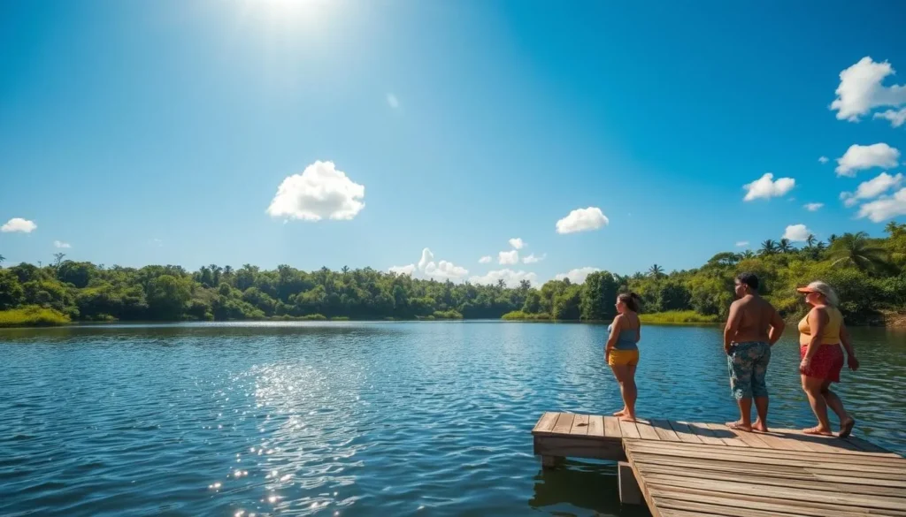 Sunny day at Jonestown Lake during the dry season showing clear skies and lush vegetation