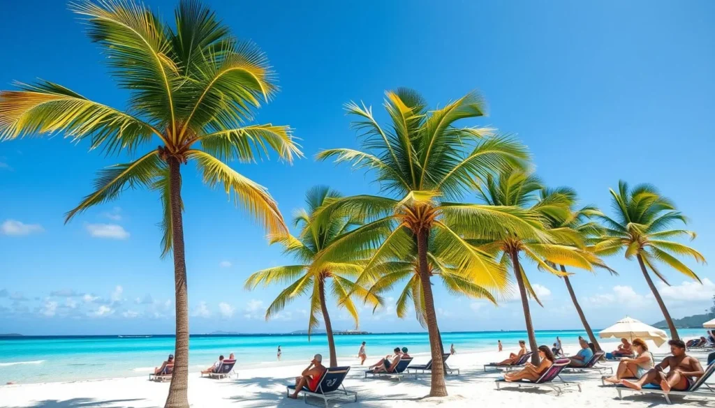 Sunny day at Labadee beach with palm trees, clear blue skies, and tourists enjoying the perfect weather