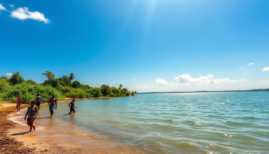 Sunny day at Lake Mainstay with perfect weather conditions for swimming and outdoor activities