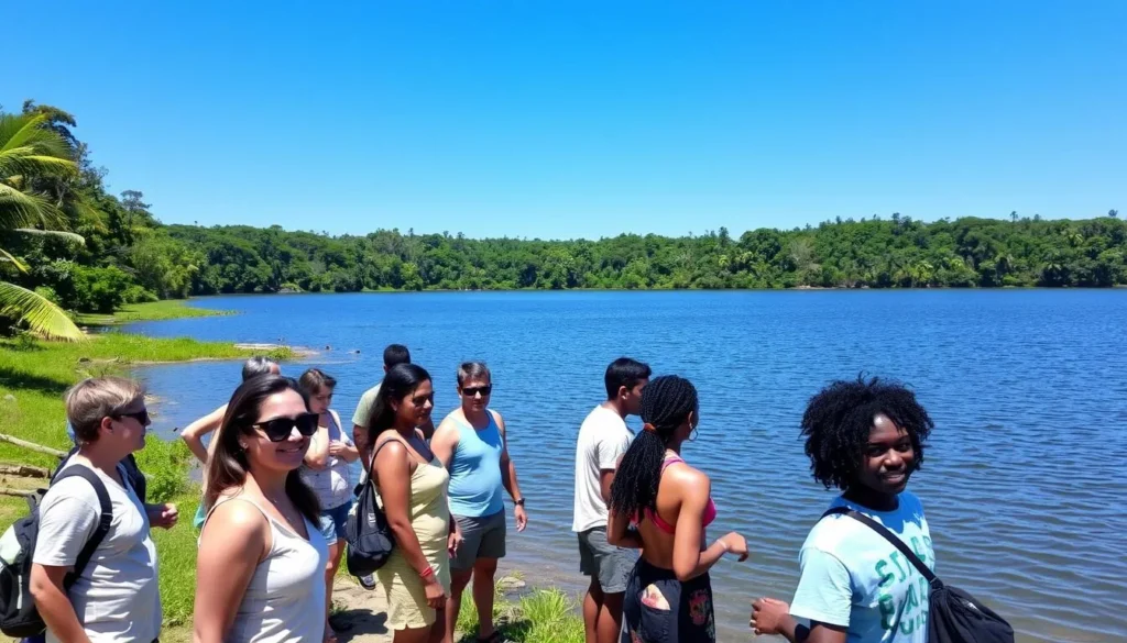 Sunny day at Lake Sandvoort during the dry season with tourists enjoying the lake Sunny day at Lake Sandvoort during the dry season with tourists enjoying the lake