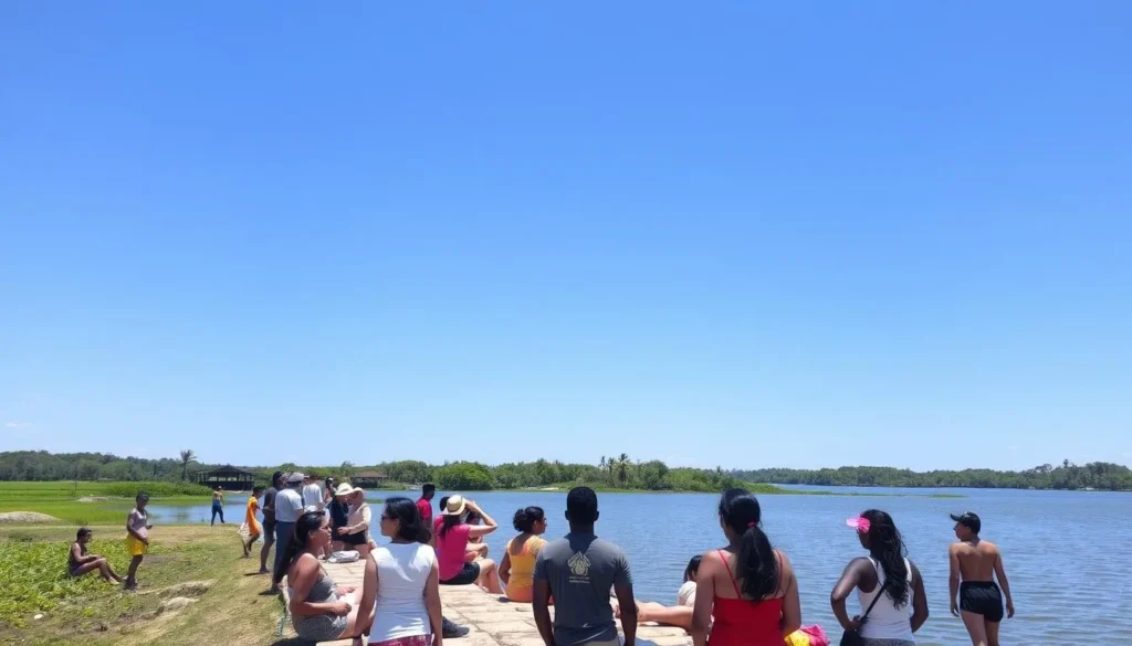Sunny day at Mahaica Lakes with diverse tourists enjoying the scenery
