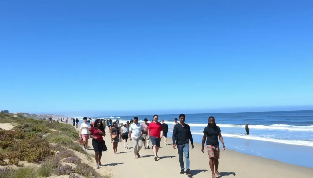 Sunny day at Monterey State Beach with visitors enjoying the coastline Sunny day at Monterey State Beach with visitors enjoying the coastline