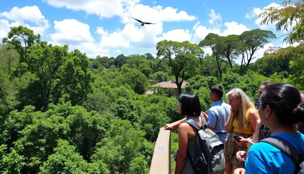 Sunny day at Ngamba Island Chimpanzee Sanctuary with visitors observing chimps Sunny day at Ngamba Island Chimpanzee Sanctuary with visitors observing chimps