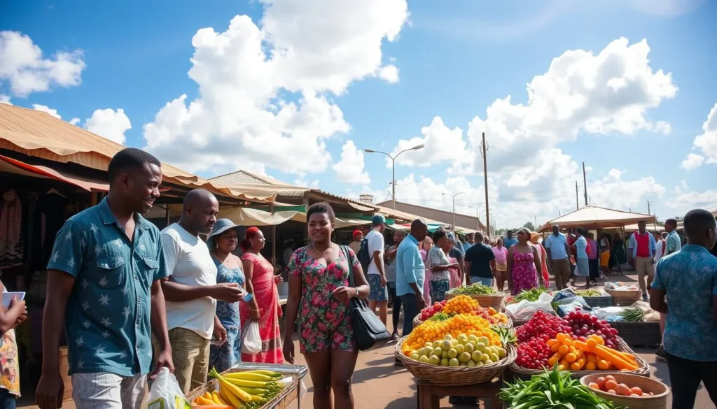 Sunny day at Parika market with diverse tourists browsing local produce and crafts