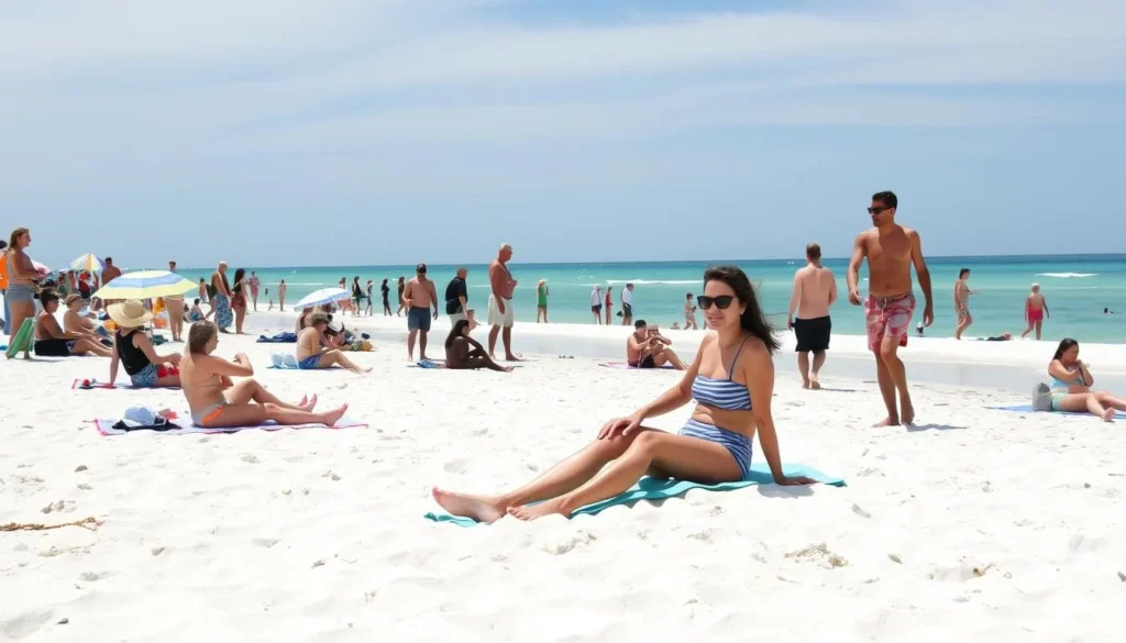 Sunny day at Perdido Key State Park beach with families enjoying the perfect weather Sunny day at Perdido Key State Park beach with families enjoying the perfect weather