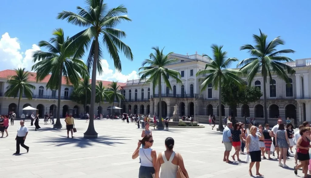Sunny day at Place de la Victoire in Pointe-à-Pitre with palm trees and historic buildings