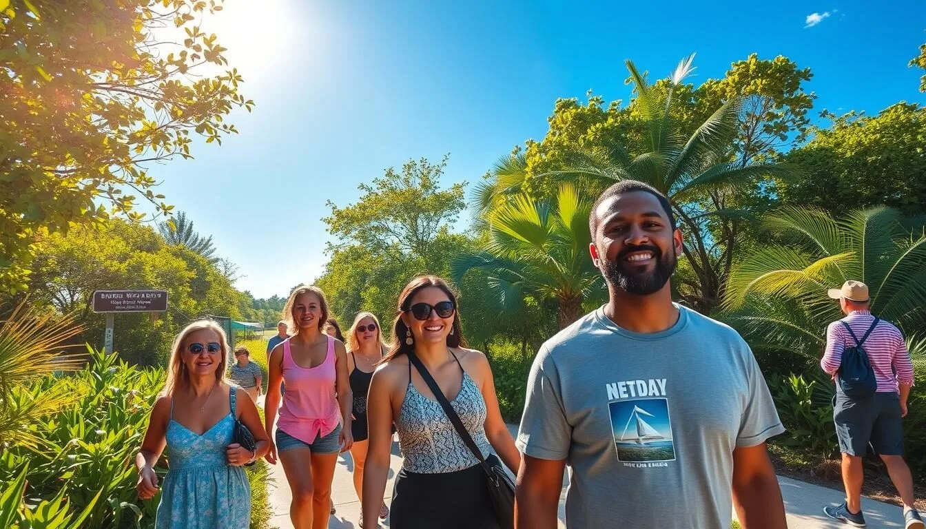 Sunny day at Windley Key Fossil Reef Geological State Park with visitors exploring the trails