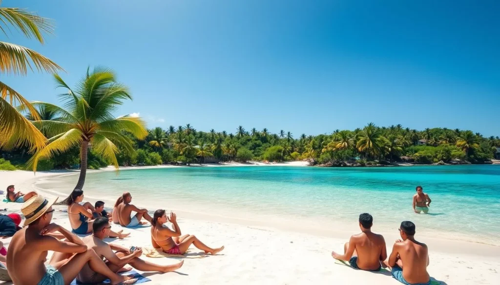 Sunny day at a pristine beach on Balut Island with palm trees and clear blue skies