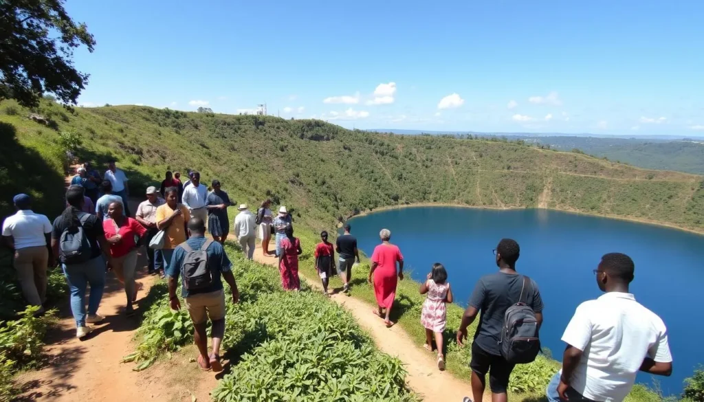 Sunny day at one of Fort Portal's crater lakes with tourists enjoying activities, highlighting Fort Portal Uganda things to do Sunny day at one of Fort Portal's crater lakes with tourists enjoying activities, highlighting Fort Portal Uganda things to do