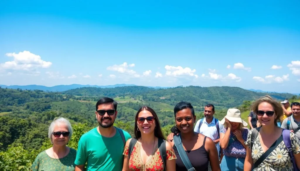 Sunny day in Mabaruma with clear blue skies over green landscape during the dry season