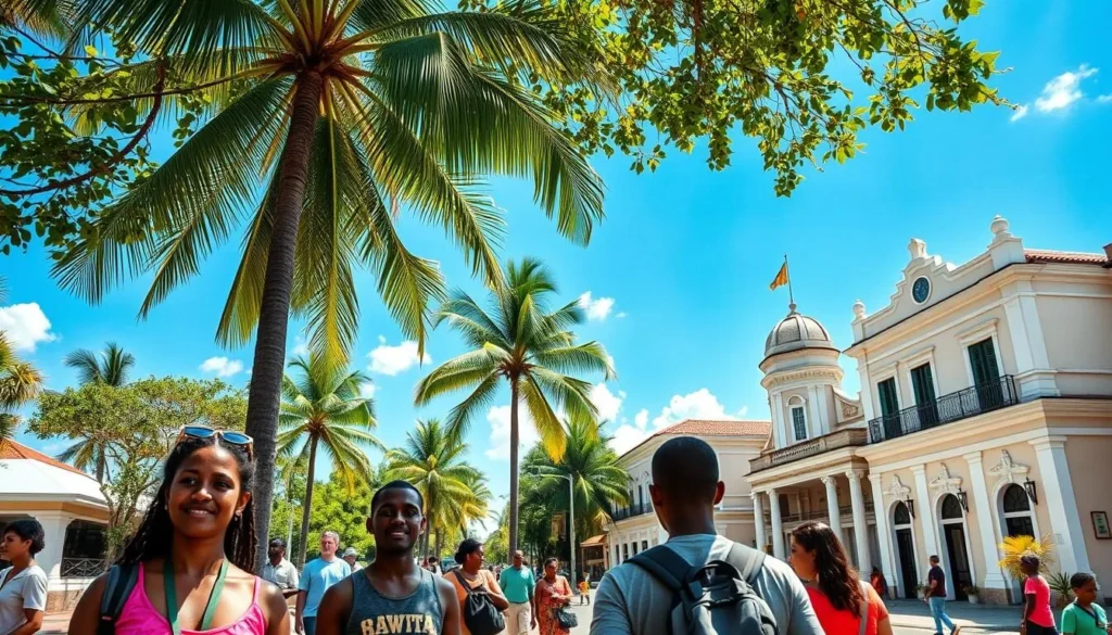 Sunny day in New Amsterdam with clear skies and tourists exploring the colonial streets