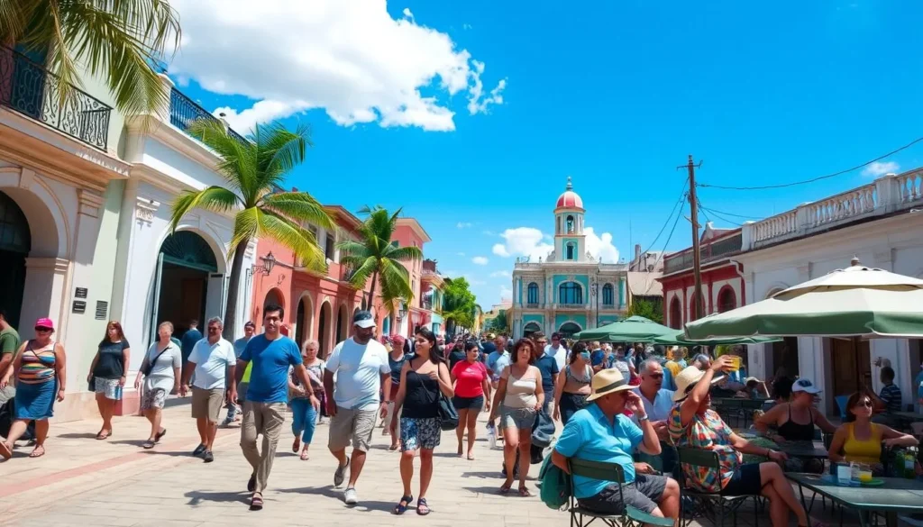 Sunny day in Ranchuelo Cuba with locals and tourists enjoying outdoor activities