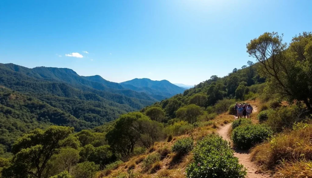 Sunny day in the Acarai Mountains during dry season showing clear skies and lush vegetation