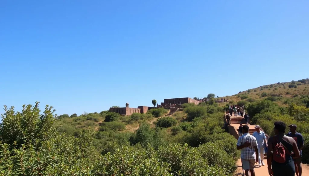 Sunny day on Dek Island with clear skies and lush vegetation during the dry season