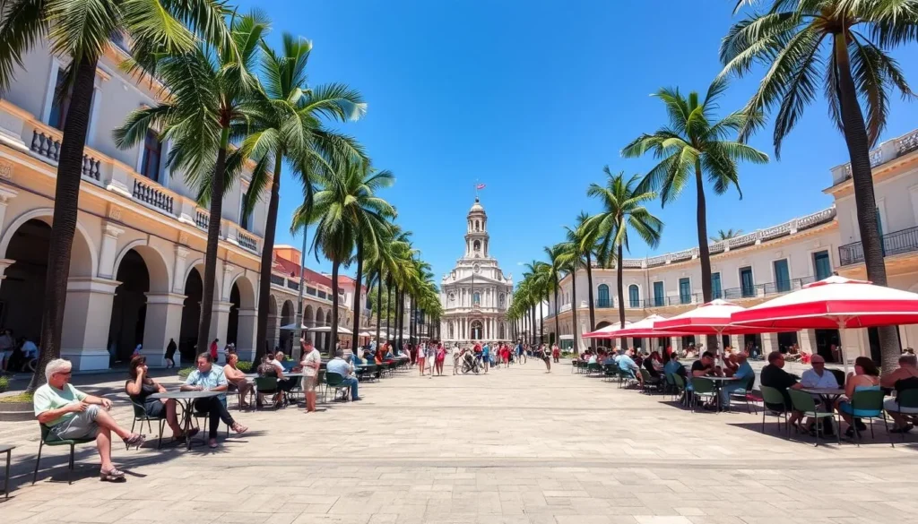 Sunny plaza in Sancti Spiritus with people enjoying outdoor cafes