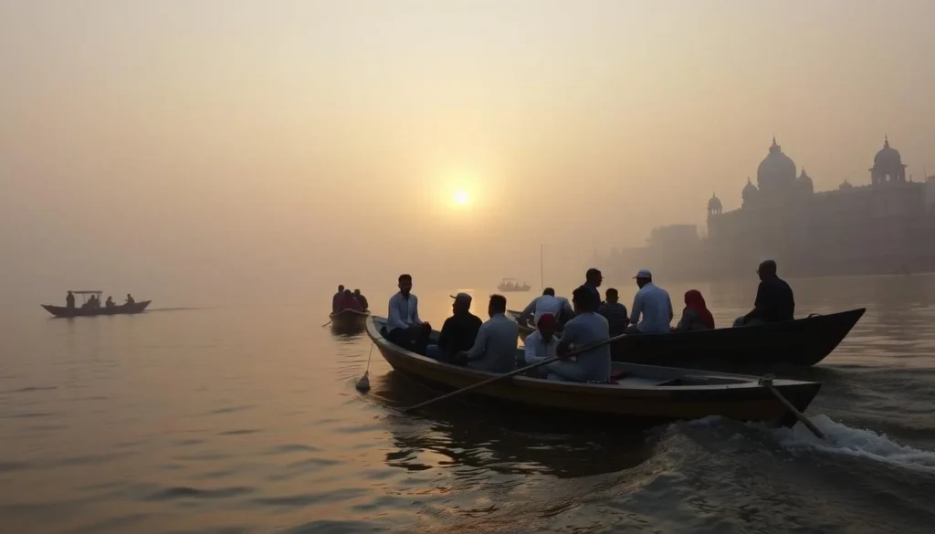Sunrise boat ride on the Ganges River with a few small boats carrying diverse tourists enjoying the peaceful morning atmosphere