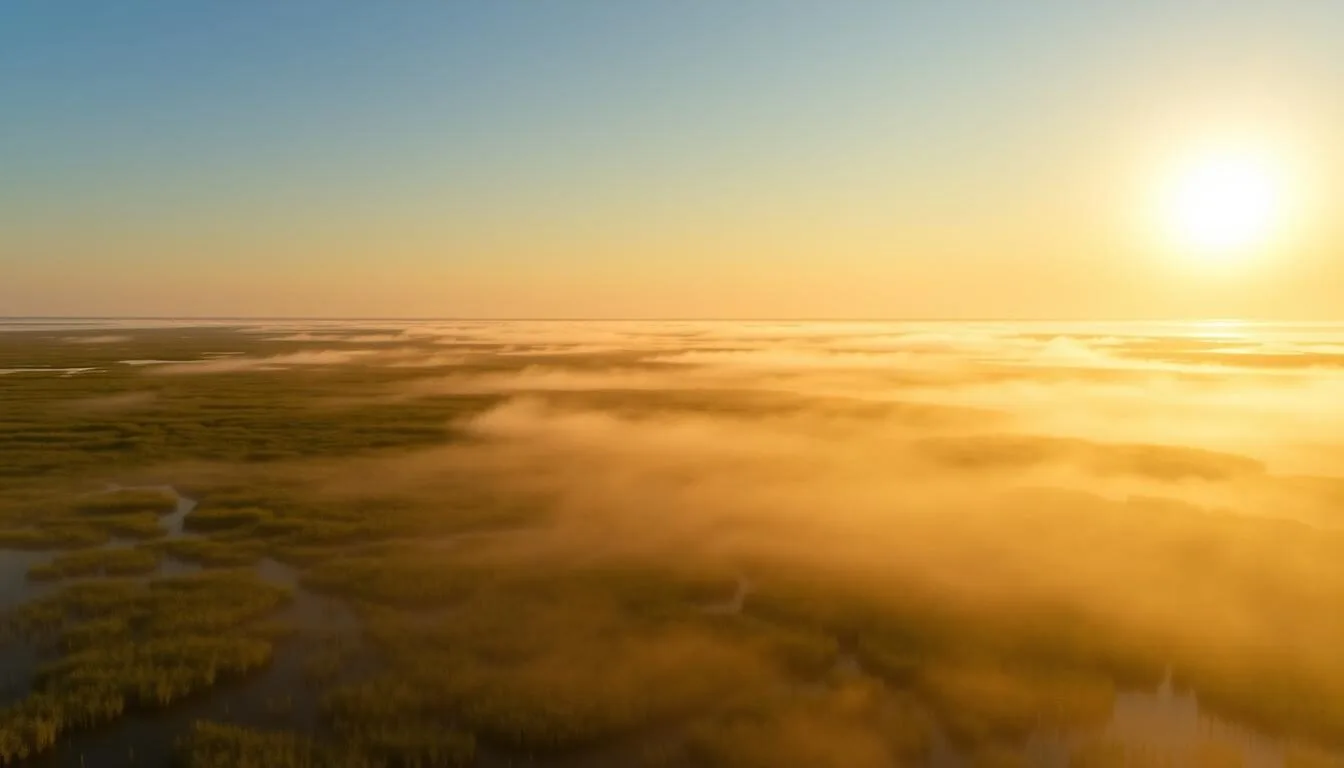 Sunrise over Cameron Prairie Wetlands Louisiana with mist rising from the marsh