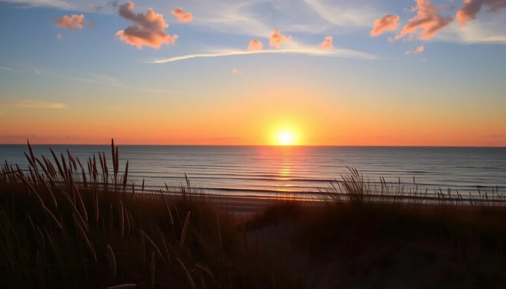 Sunrise over Lake Michigan at Illinois Beach Nature Preserve with golden light on the dunes Sunrise over Lake Michigan at Illinois Beach Nature Preserve with golden light on the dunes