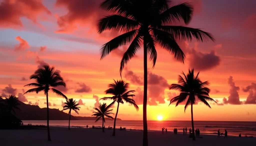 Sunset at Grand Case Beach with silhouettes of palm trees