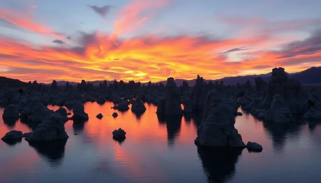 Sunset at Mono Lake Tufa State Natural Reserve with golden light illuminating the tufa formations Sunset at Mono Lake Tufa State Natural Reserve with golden light illuminating the tufa formations