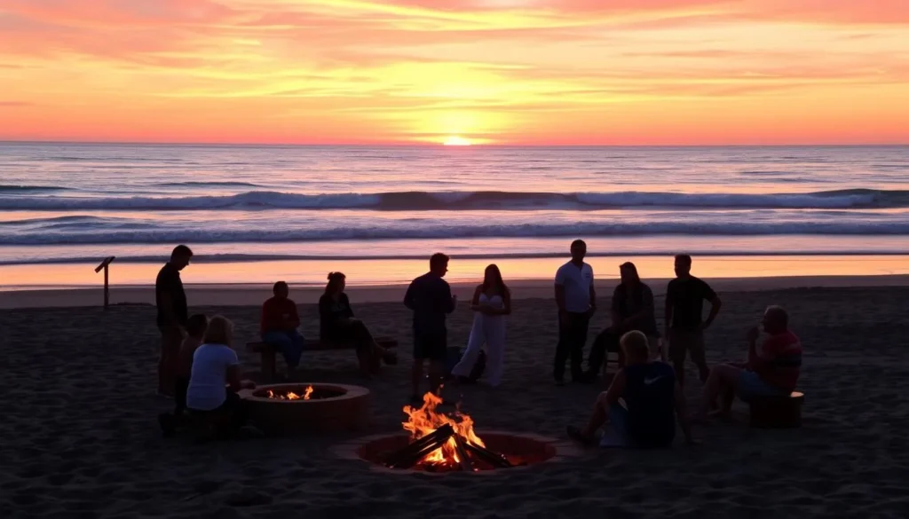 Sunset at Moonlight State Beach with visitors enjoying fire pits and golden hour views Sunset at Moonlight State Beach with visitors enjoying fire pits and golden hour views