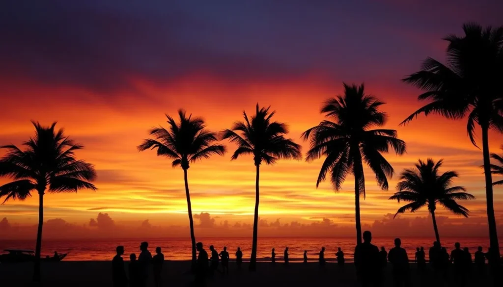 Sunset at Sombrero Beach with palm trees silhouetted against colorful sky Sunset at Sombrero Beach with palm trees silhouetted against colorful sky