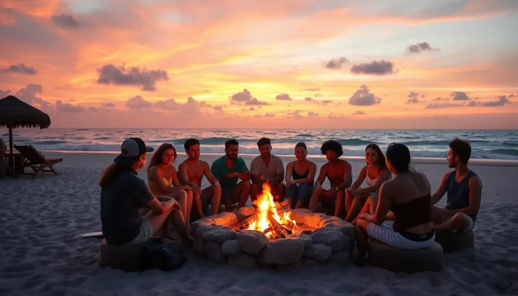 Sunset beach bonfire gathering at Amaya Beach Bar in El Pescadero