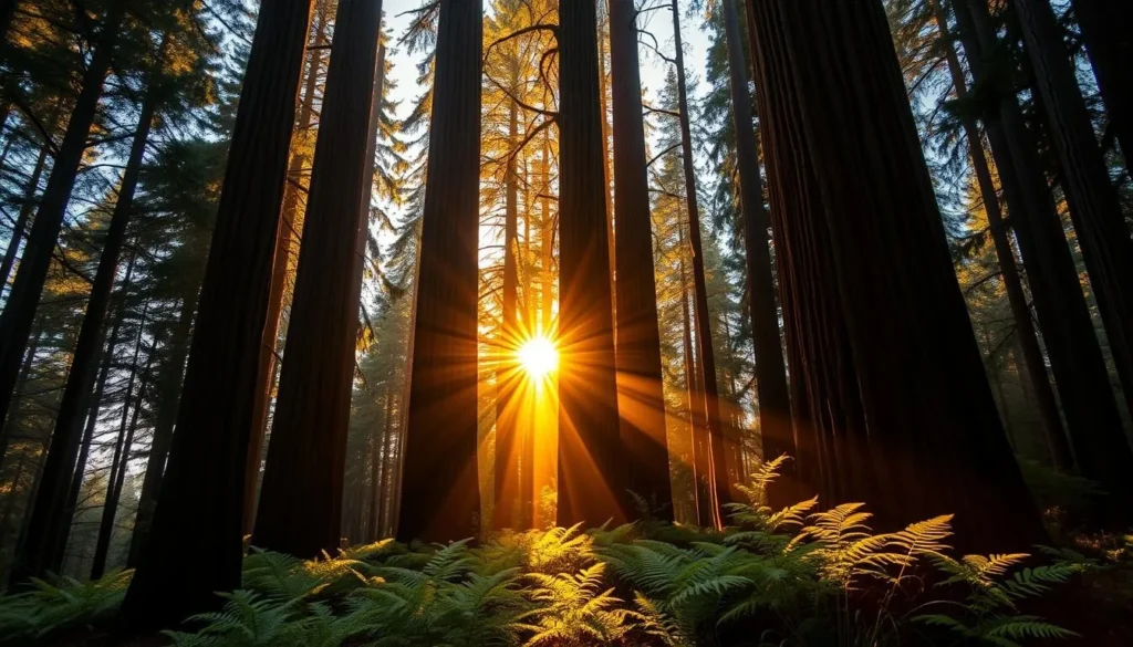 Sunset light filtering through redwood trees in Butano State Park creating a magical atmosphere