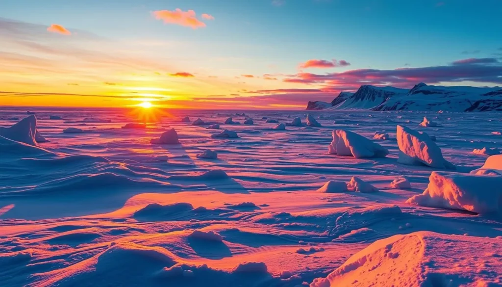 Sunset over Arctic landscape with golden light illuminating snow and ice