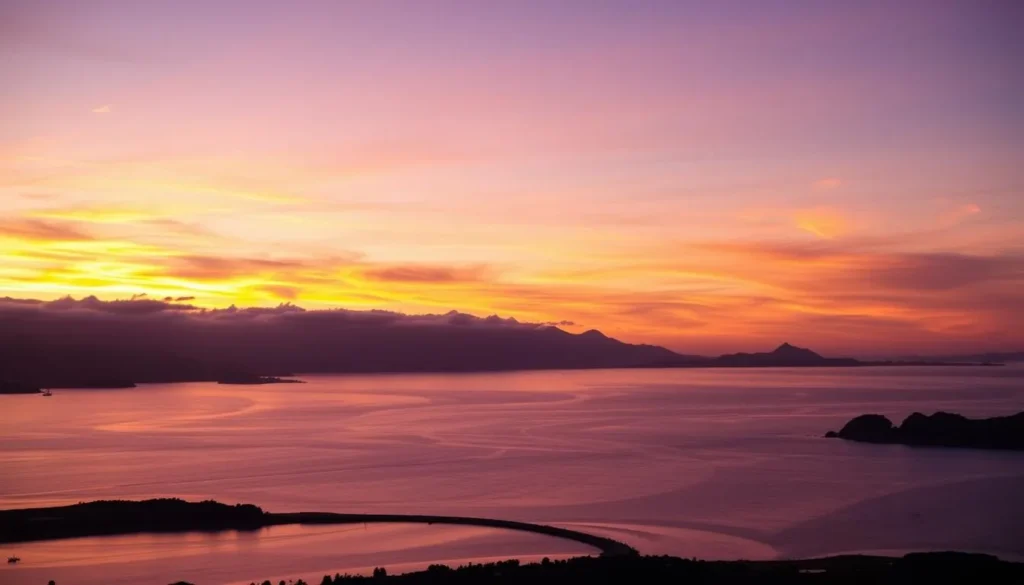 Sunset over Bay of Plenty New Zealand coastline with Mount Maunganui silhouette