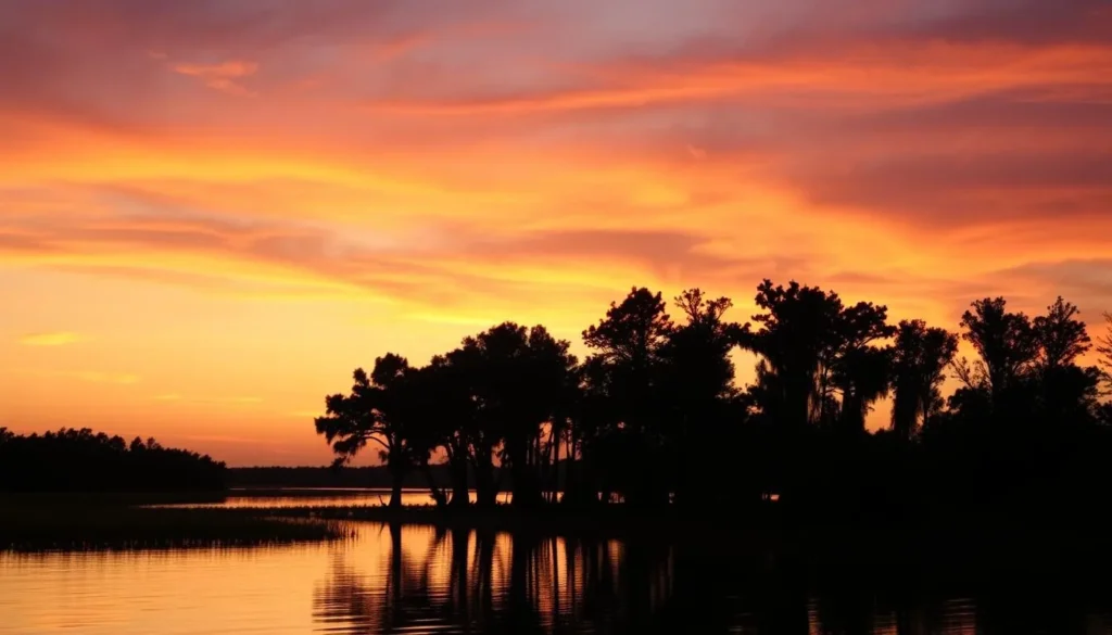 Sunset over Bayou Cocodrie with silhouetted cypress trees and orange sky Sunset over Bayou Cocodrie with silhouetted cypress trees and orange sky